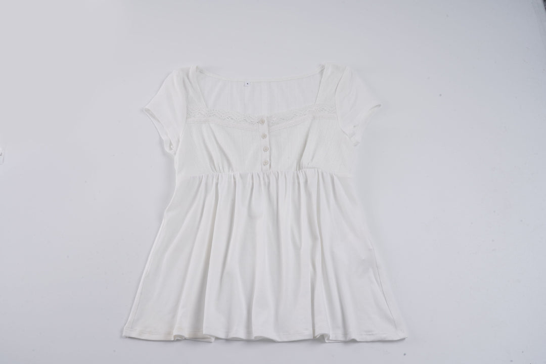 Damen lässiges T-Shirt mit Spitzenverzierung und Knopfdetails EB