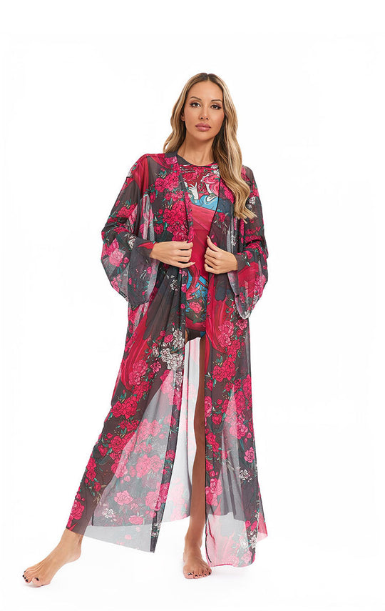 Damen eleganter transparenter Strandkimono mit floralem Design EB