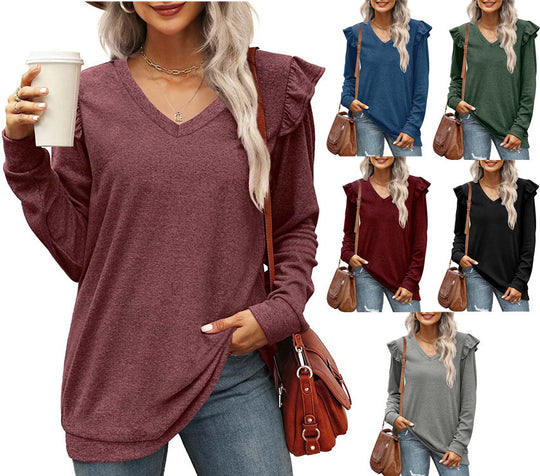 Damen V-Ausschnitt Langarmshirt mit Rüschendetails und lockerem Schnitt EB