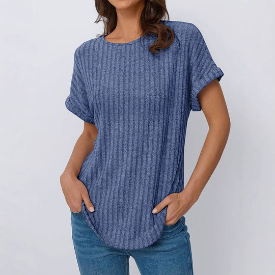 Damen lässiges T-Shirt im Ripp-Design mit umschlagenen Ärmeln EB