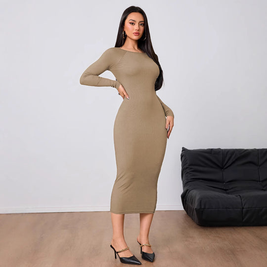 Damen figurbetontes Stretch-Midikleid mit U‑Boot‑Ausschnitt und figurformendem Rippstrick Eichborn Berlin
