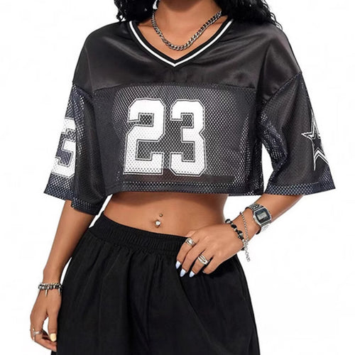 Damen sportliches Crop-Top aus atmungsaktivem Mesh-Material mit Nummer CD-EB