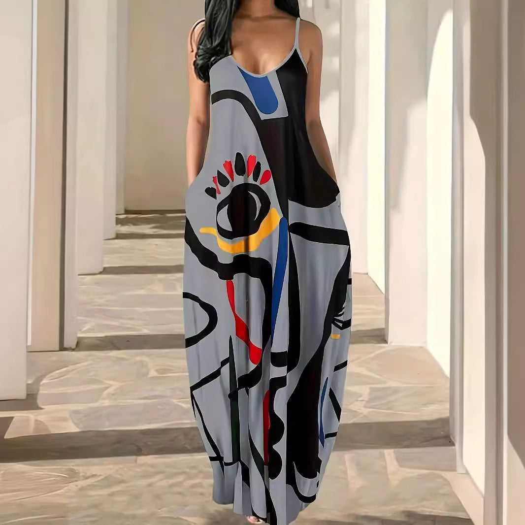 Damen Maxikleid mit modernem grafischen Print und schwingendem Saum EB