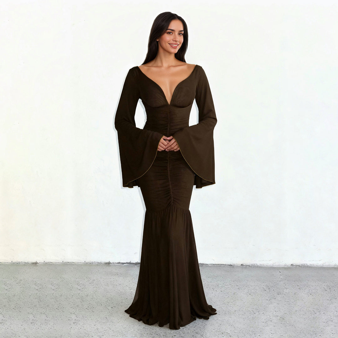 Damen nan gerafftes Maxikleid mit V-Ausschnitt, Trompetenärmeln und Stufenrüsche EB