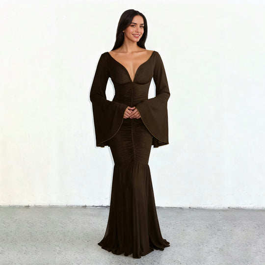 Damen nan gerafftes Maxikleid mit V-Ausschnitt, Trompetenärmeln und Stufenrüsche EB