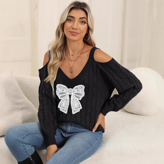 Damen modischer Pullover mit verspielt eingestricktem Schleifenmotiv EB