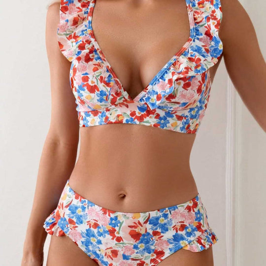 Damen Badeset mit Rüschen und floralem Muster EB