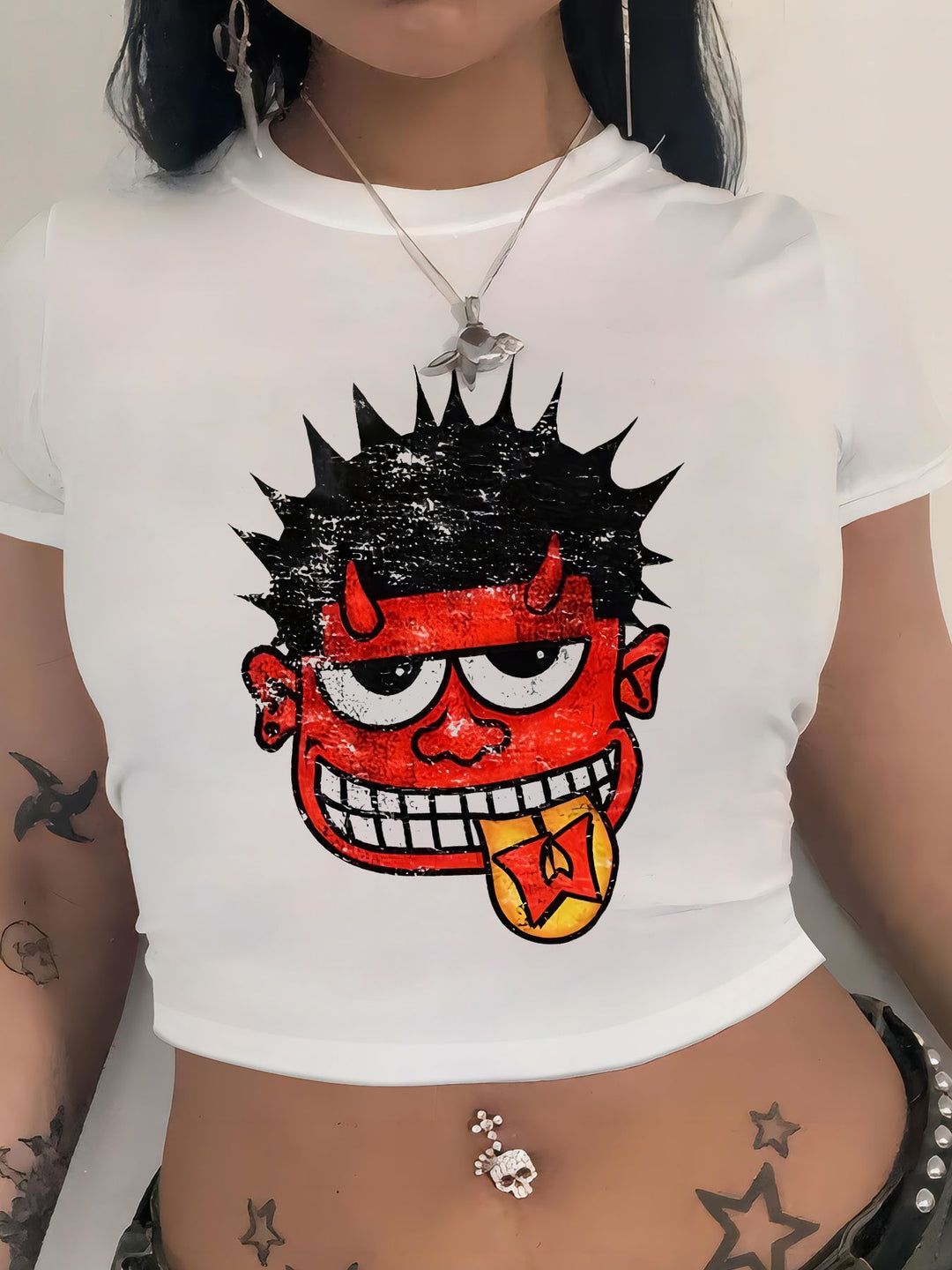 Damen Crop-T-Shirt mit kreativem Comic-Motiv EB