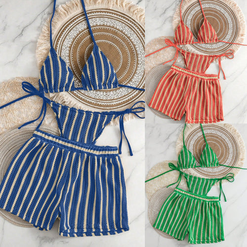 Damen Bikinikombination mit gestreiftem Design und lässigen Shorts EB