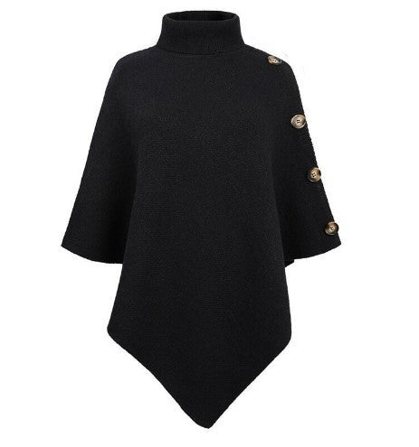 Damen Strick-Poncho mit steigendem Kragen und dekorativen Knopfdetails EB