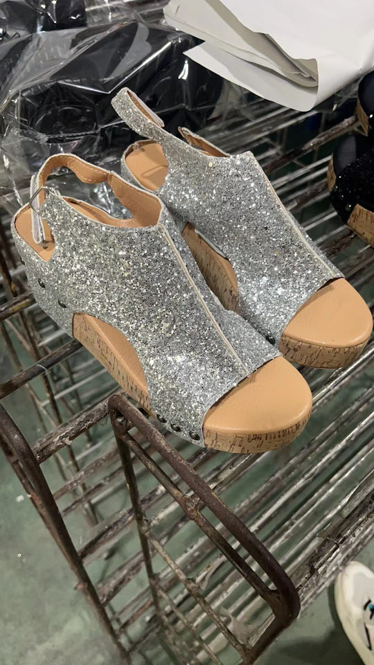 Damen Funkelnde Sandaletten mit modischem Kork-Design EB