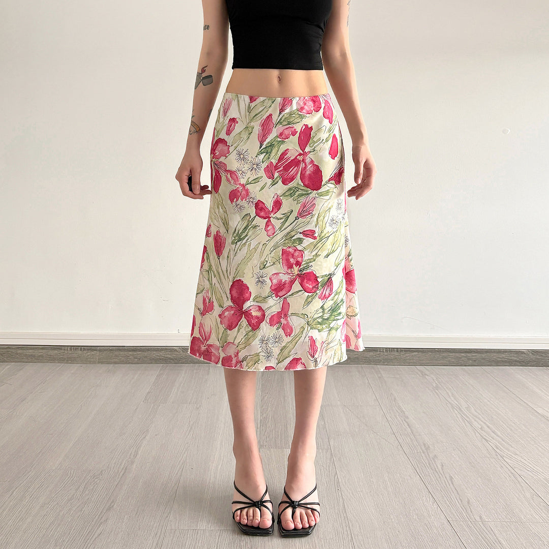 Damen eleganter Midirock mit floralen Motiven und schwingendem Schnitt EB