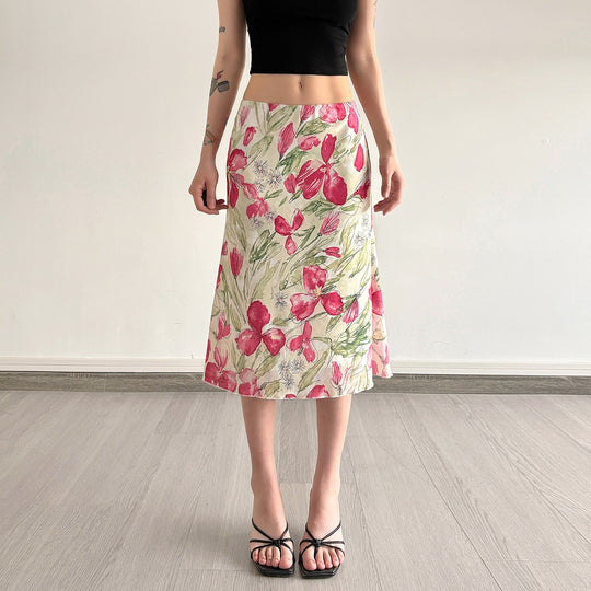 Damen eleganter Midirock mit floralen Motiven und schwingendem Schnitt EB