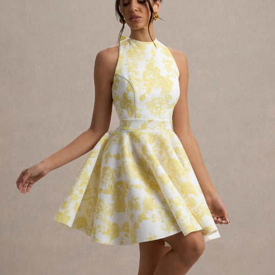 Damen Verspielt tailliertes Minimal-Kleid mit schwingendem Rock und halber Rückenansicht EB