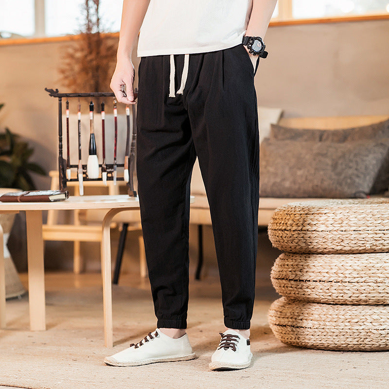 Herren nan leichte Baumwoll-Leinen Jogginghose mit Kordelzug elastischen Bündchen und Seitentaschen EB