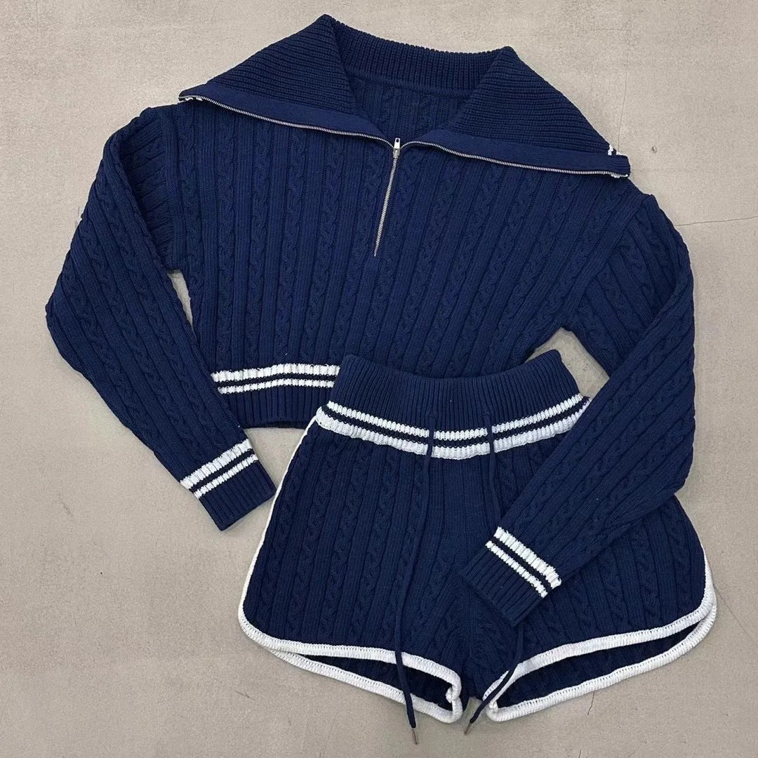 Damen Cropped Strickpullover mit hohem Kragen und Shorts im Set EB