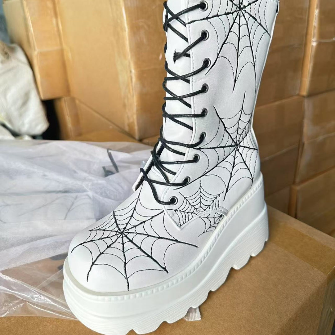 Damen High-Top Stiefel mit modischem Spinnen-Netz-Design und komfortabler Plateausohle EB