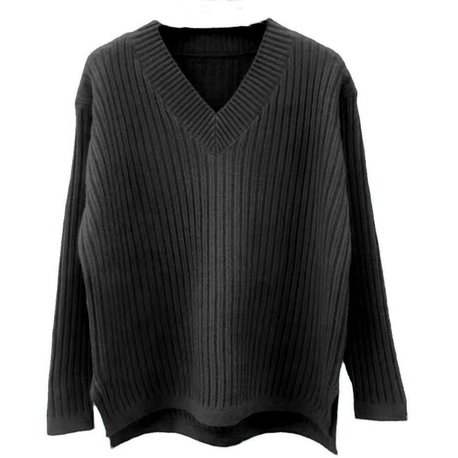 Damen V-Ausschnitt Strickpullover mit feiner Rippstruktur und lässigem Schnitt EB