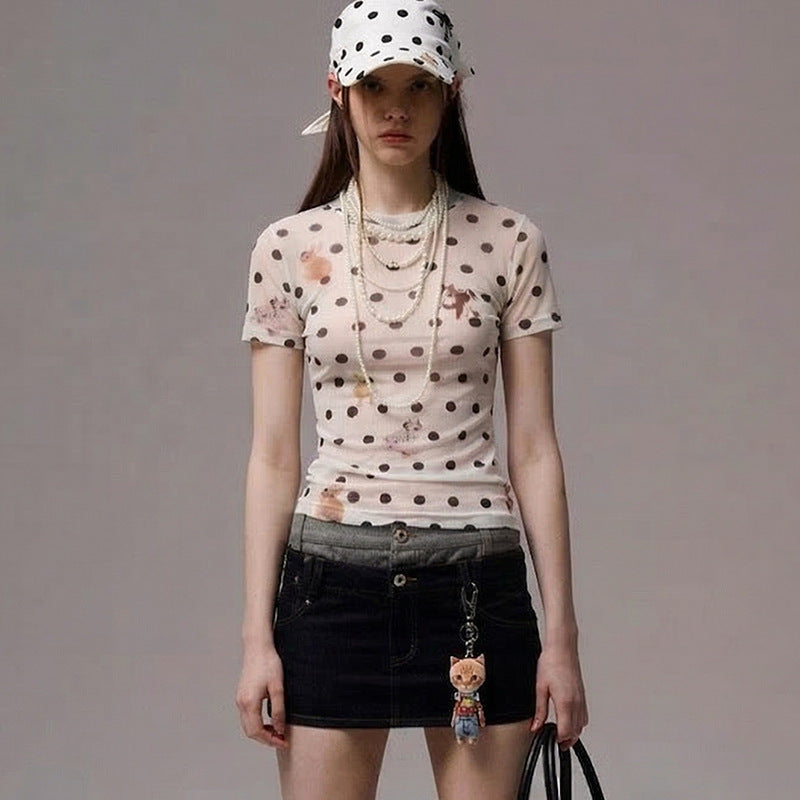 Damen Figurbetontes Polka-Dot T-Shirt mit verspieltem Tierdesign EB