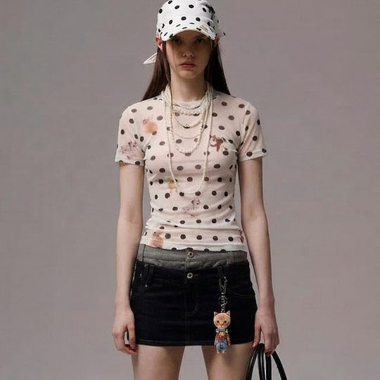 Damen Figurbetontes Polka-Dot T-Shirt mit verspieltem Tierdesign EB