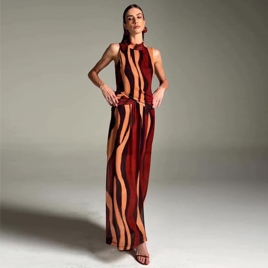 Damen elegantes Maxikleid mit einzigartigem Streifenmuster und hohem Kragen EB