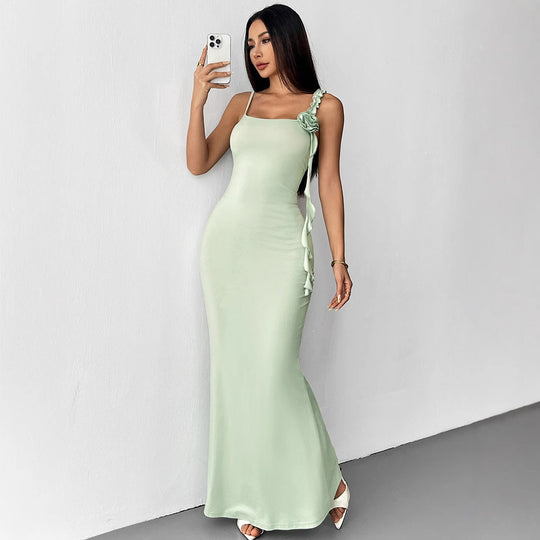 Damen Elegantes Maxikleid mit floralem Necktie und asymmetrischen Rüschen EB