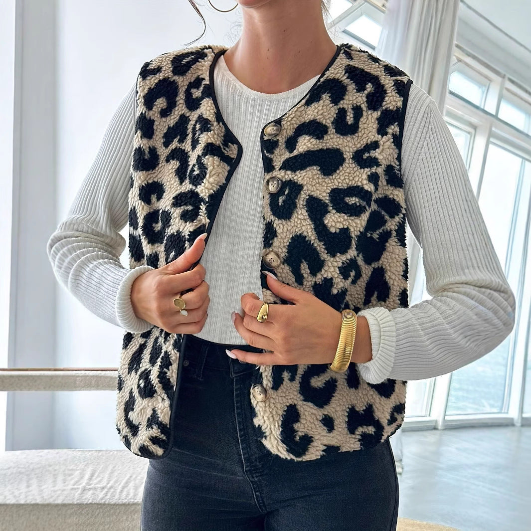 Damen Modische Plüschweste mit Leopardmuster EB