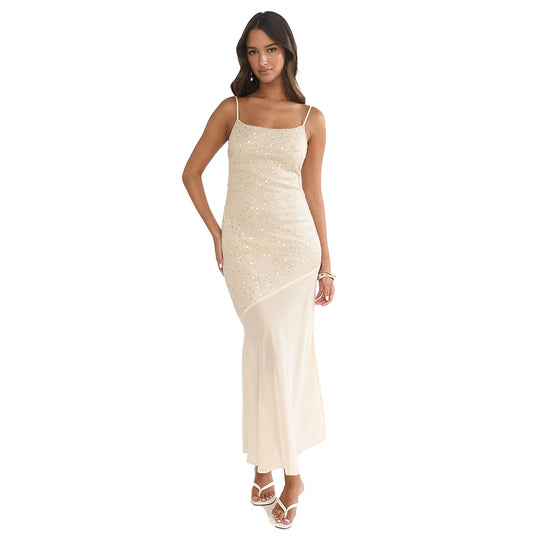 Damen Glitzerndes Maxikleid mit transparentem Obermaterial und asymmetrischem Saum EB