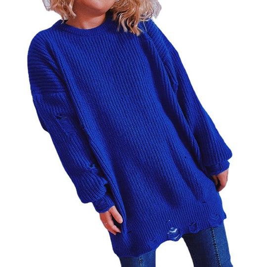 Damen Grobstrickpullover mit lässigen Rückenschlitzen und weiten Ärmeln EB