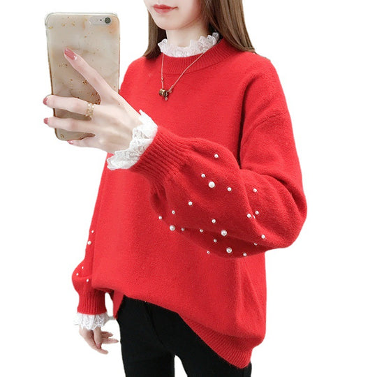 Damen trendiger Strickpullover mit Perlendetails und voluminösen Ärmeln EB