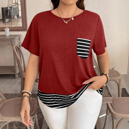 Damen Legeres T-Shirt mit gestreiftem Saum und Brusttasche EB