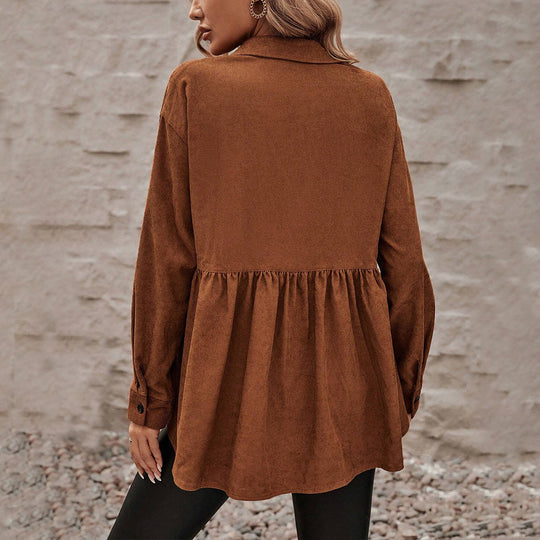 Damen Cord-Peplum-Bluse mit Hemdkragen aufgesetzten Brusttaschen und durchgehender Knopfleiste Eichborn Berlin
