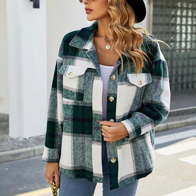 Damen Karierte Flanelljacke mit Knopfleiste und Taschen EB