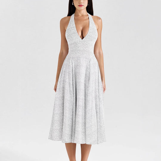 Damen Sommerliches Neckholderkleid mit tiefem V-Ausschnitt und weit schwingendem Rock EB