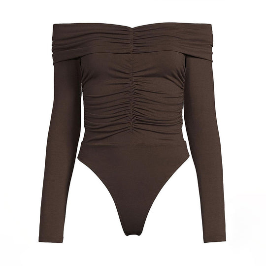Damen gerafftes Off-Shoulder Langarmtop mit Wasserfallkragen und taillierender Sculpting-Passform Eichborn Berlin