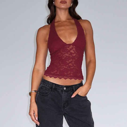 Damen Spitzen-Crop-Top mit tiefem V-Ausschnitt EB