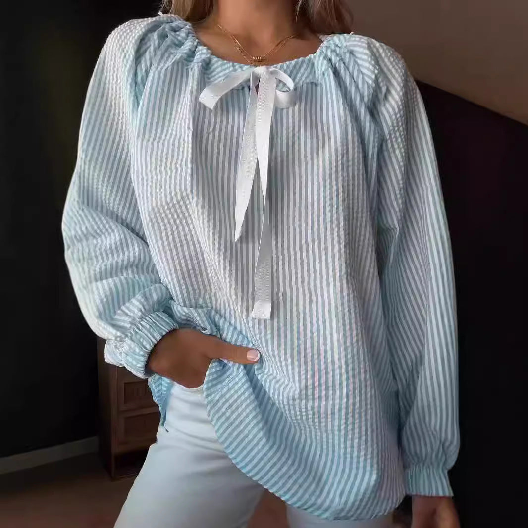 Damen Bluse mit elastischem Ausschnitt und Schleifenbindung EB