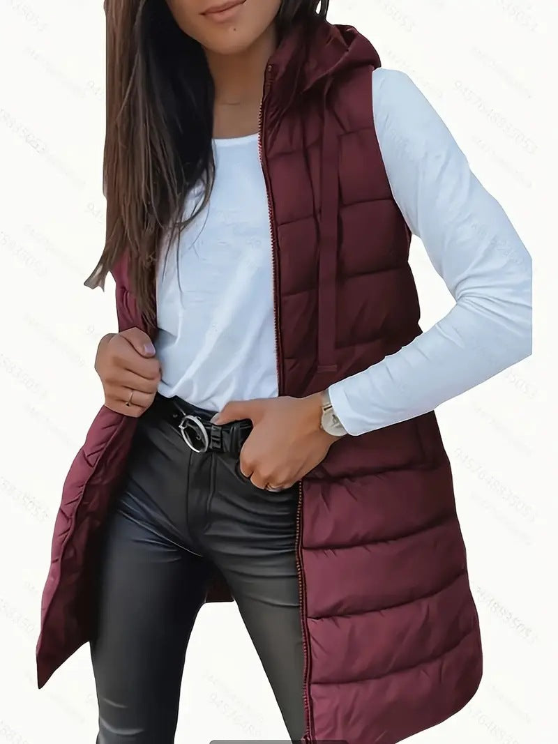 Damen Stylische gesteppte Weste mit Kapuze und langen Schnitt EB