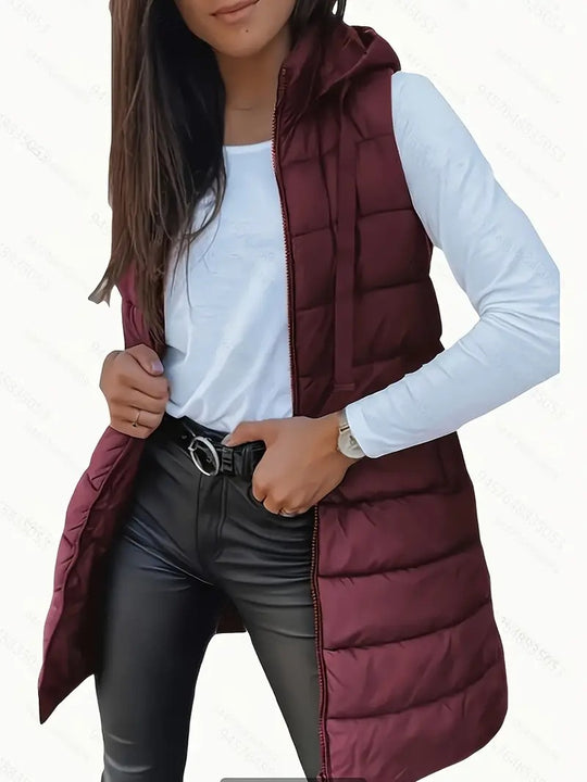 Damen Stylische gesteppte Weste mit Kapuze und langen Schnitt EB