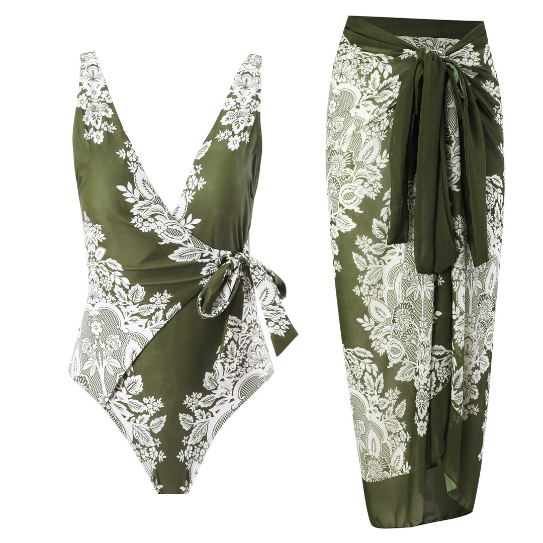 Damen Badeanzug mit modischem Wickelrock und floralem Design EB
