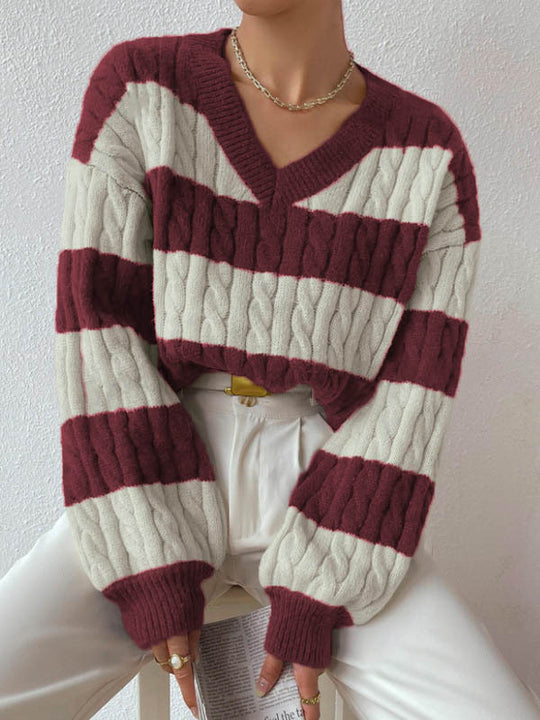 Damen V-Ausschnitt Strickpullover mit Rippstruktur und langen Ärmeln EB