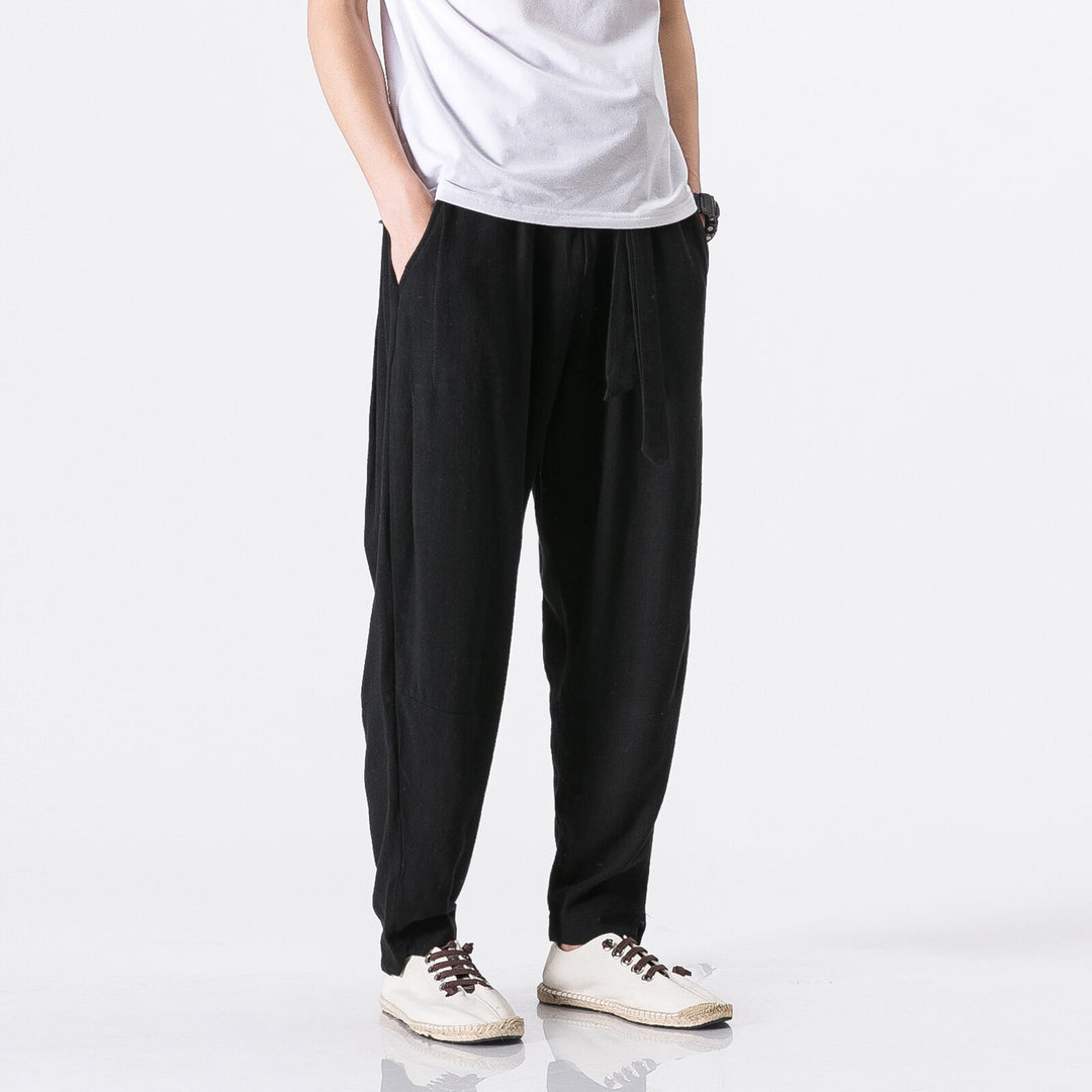 Herren nan entspannte Leinen-Baumwoll Harem-Joggerhose mit verdecktem Tunnelzug und tapered Bein EB