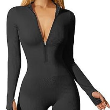 Damen nan figurbetonter Ripp-Jumpsuit mit hohem Halsausschnitt, langem Arm und sculptender Nahtführung EB