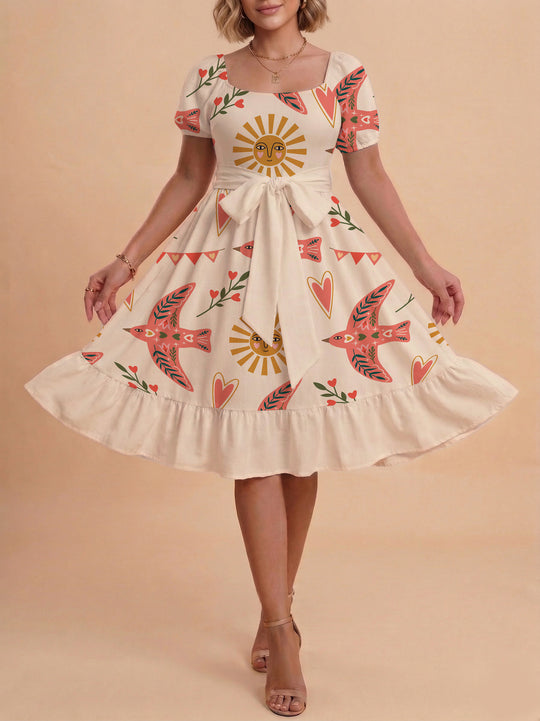 Damen Sommerliches Blumenkleid mit taillierbarem Gürtel und voluminösen Ärmeln EB