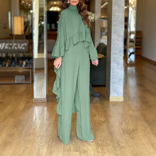 Damen Eleganter Overall mit Cape-Volant und weitem Palazzohosenbein EB