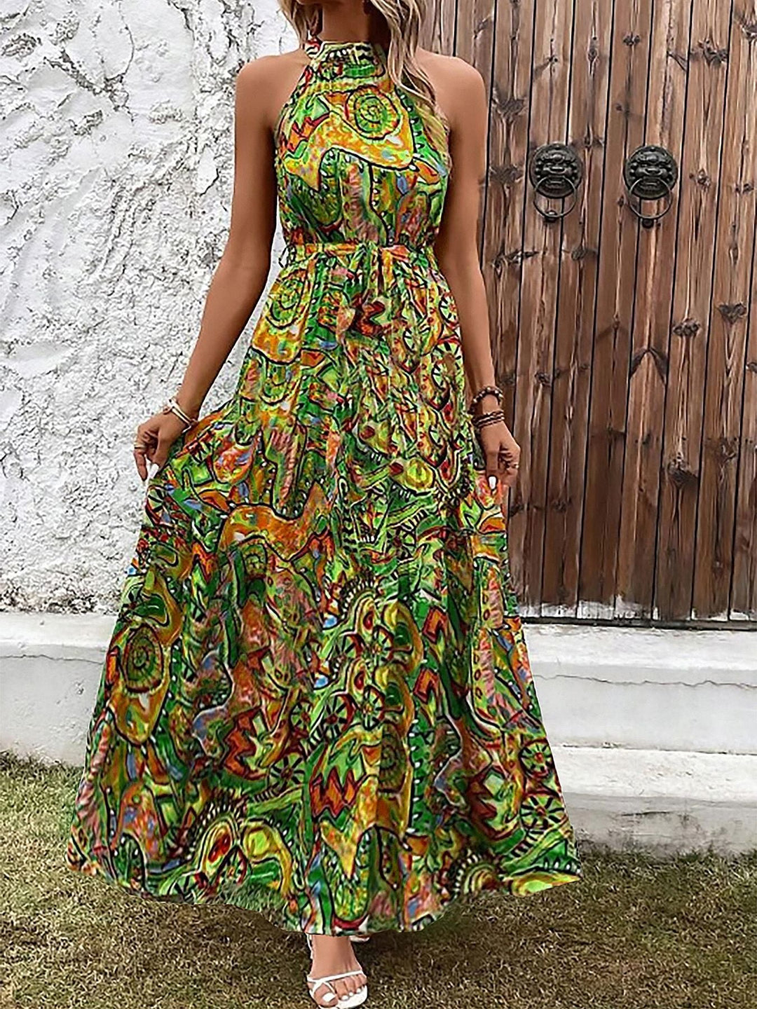 Damen Maxikleid Im Boho-Stil mit Hohem Kragen und Bindegürtel EB