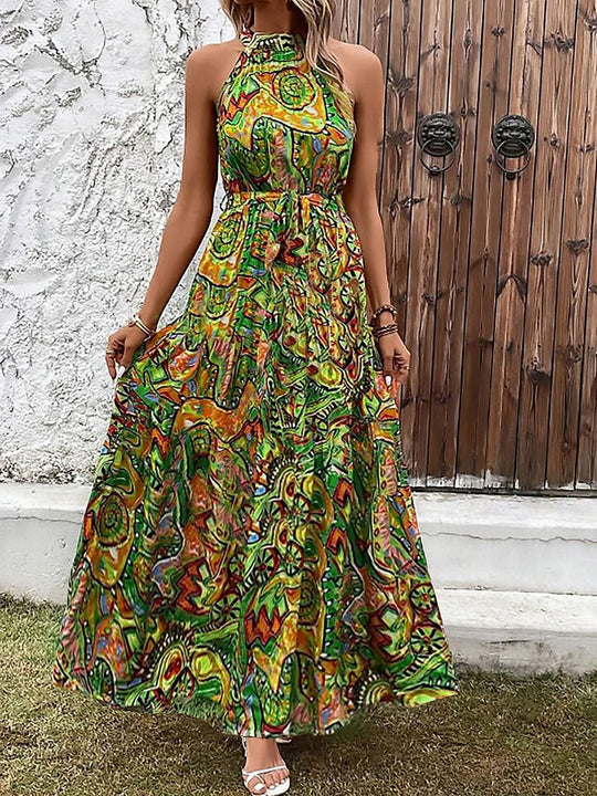 Damen Maxikleid Im Boho-Stil mit Hohem Kragen und Bindegürtel EB