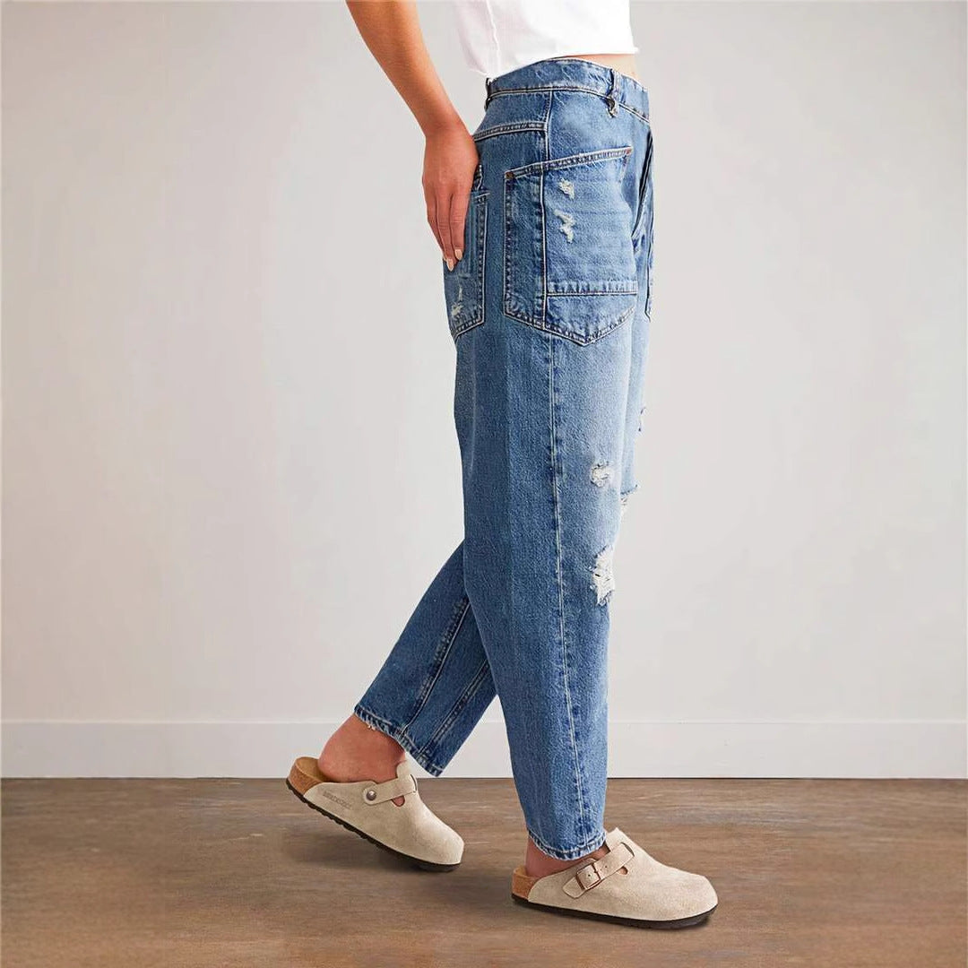 Damen Trendige Vintage Jeans im lässigen Boyfriend-Schnitt mit auffälligen Taschen EB
