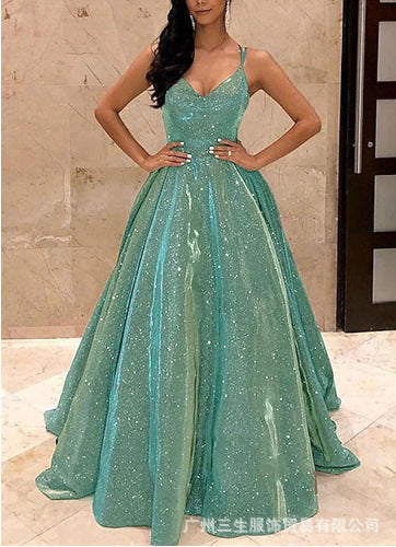 EB | Damen Spaghettiträger V-Ausschnitt A-Linie Glitzer Maxi Ballkleid