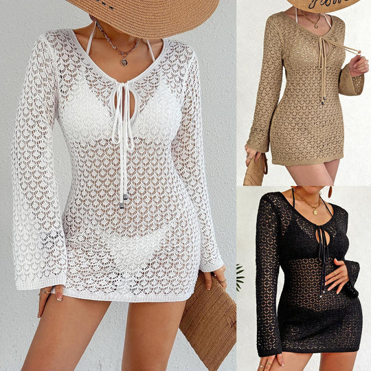 Damen Häkel-Strandkleid mit tiefem V-Ausschnitt und breiten Ärmeln EB